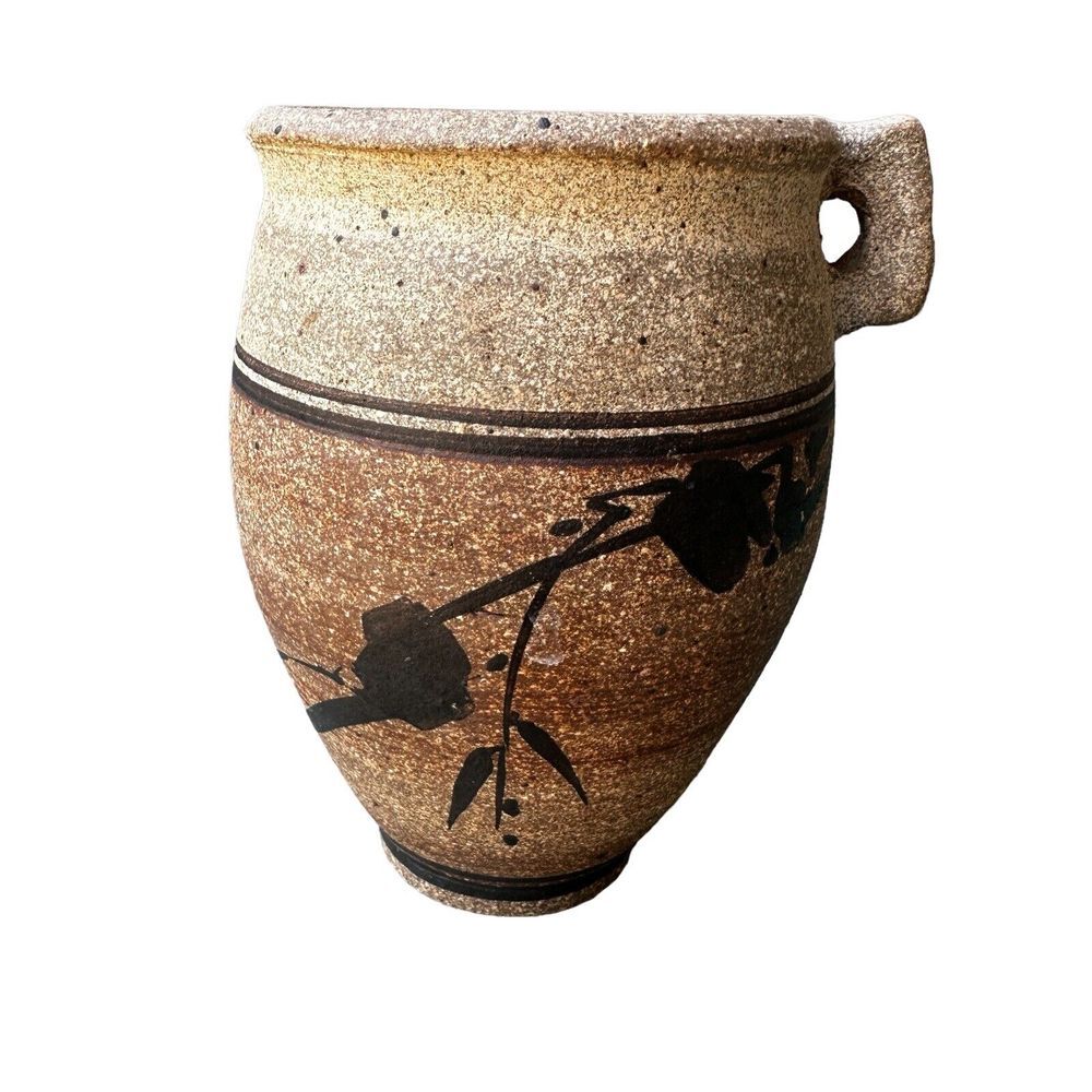 Art‎ Pottery Vase Mug 5 Inch Textured Stoneware Brown Speckled Floral Signed